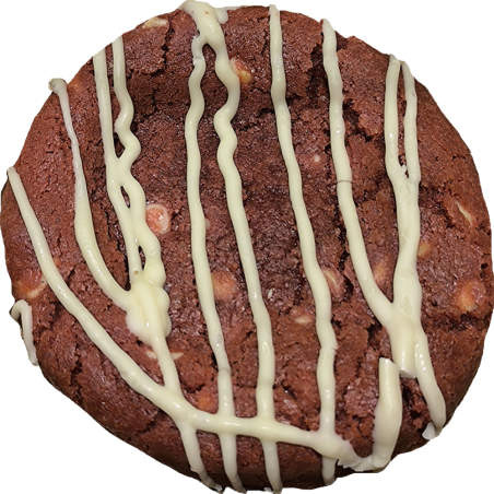 Una cookie de red velvet única, con su clásico color rojo intenso y un toque de cacao.